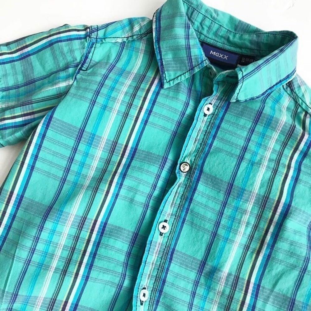 MEXX blue plaid short sleeve button down EUC 7-8Y - Picture 2 of 2